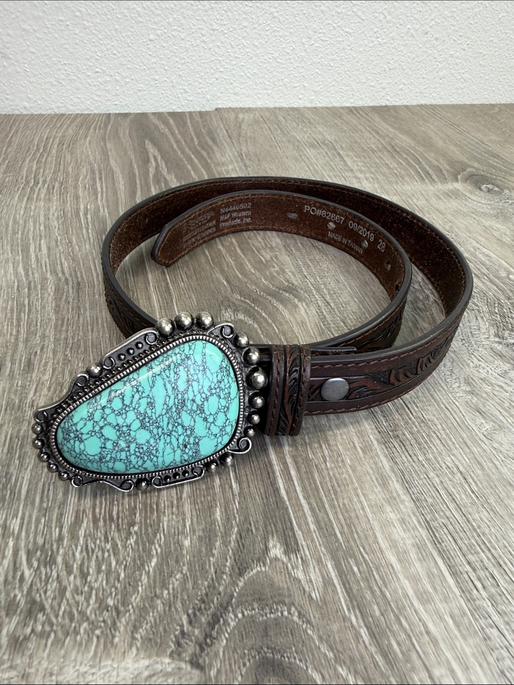 Nocona Brown Leather Belt with Turquoise Stone Buckle